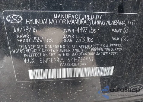 2019 Hyundai Sonata Se z USA, uszkodzony, nr VIN 5NPE24AF6KH726851